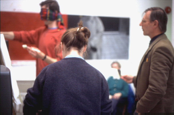 ‘Blindfold painting’ performance, IMMA: Peter FiitzGerald in blindfold, painting, assisted by artists Geraldine O’Neill and Peter Rhoades
