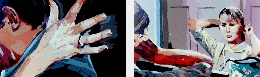Rachel, Rachel, 1998 – 2001, gloss paint on plywood, 120 x 100 x 60 (detail: two of the 96 paintings based on the film of the same name); courtesy Crawford Art Gallery